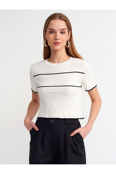 Dilvin 10564 Crew Neck Striped Knitwear Sweater-ecru-black