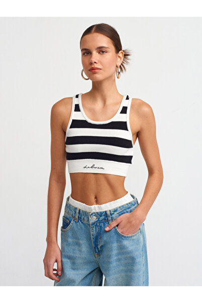 Dilvin 10377 Çizgili Triko Crop-Ekru-Siyah