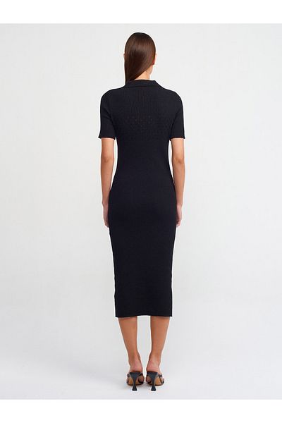 Dilvin 90188 Rochie de tricotaj cu nasturi cu guler polo-negru