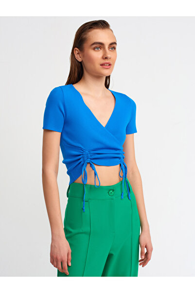 Dilvin 10194 Guler dublu în față Tricotaj adunate Crop-saks