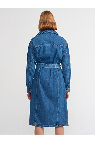 Dilvin 90530 Kemerli Uzun Denim Elbise-Mavi