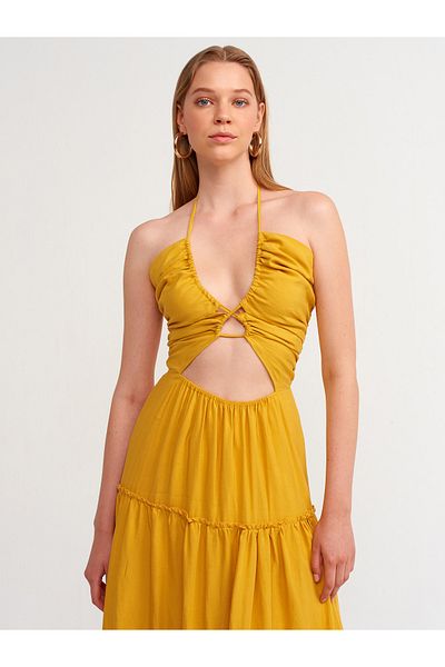 Dilvin 90359 Halter Neck Long Dress-mustard