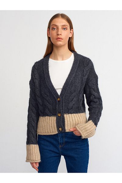 Dilvin 60201 V-Neck Braided Buttoned Knitwear Cardigan-Smoke-Red Beige