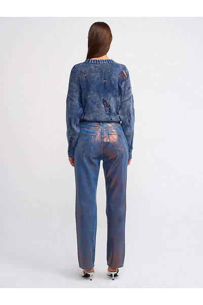 Dilvin 71373 Bronze Foil Printed Straight Denim Trousers
