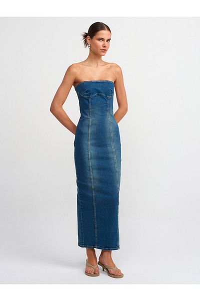 Dilvin 90535 Lycra Long Strapless Τζιν Φόρεμα-Τόν