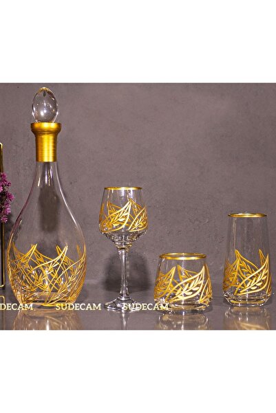 sudeka 37 Parça 12 Kişilik Yaprak Kristal Kesme Gold Cam Su Bardak Takımı,Meşrubat Bardağı Seti
