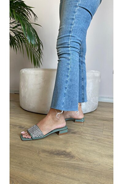 RUXENE Lina Açık Uçlu Kare Burun 2cm Topuklu Taş Detaylı Terlik (SİYAH - BEYAZ - YEŞİL)