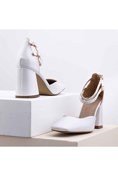 RUXENE Gleam Kapalı Kare Burun 8cm Kalın Topuk Çift Bantlı Stiletto - Topuklu...