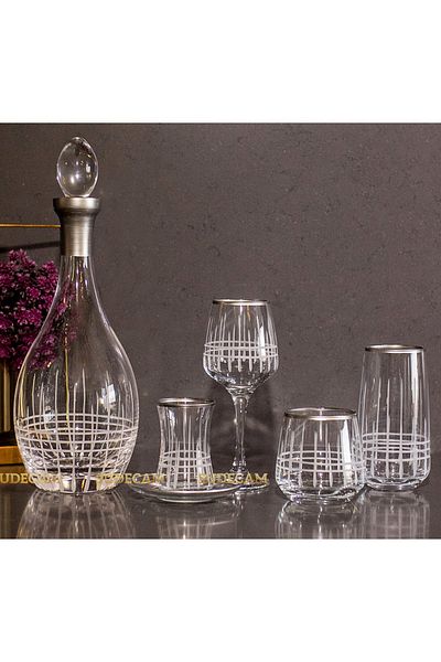 sudeka 12-person 61-piece Plaid Silver Glass Water Cup Set - Soft Drink Cup Set