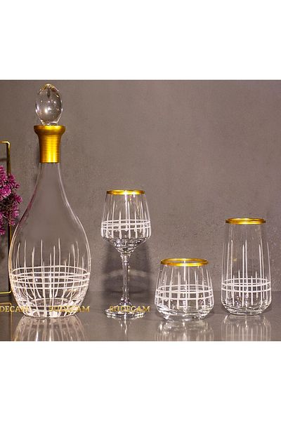 sudeka 12-person Plaid Crystal Cut - Gold Glass Water Cup and Soft Drink Cup Set