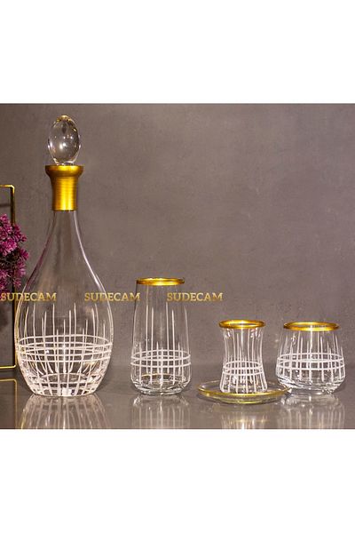 sudeka 12-person Plaid Crystal Cut - Gold Glass Water Cup and Soft Drink Cup Set