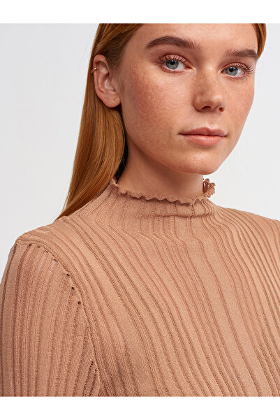 Dilvin 10497 Πουλόβερ με διάφανο γιακά με ραβδώσεις Camel