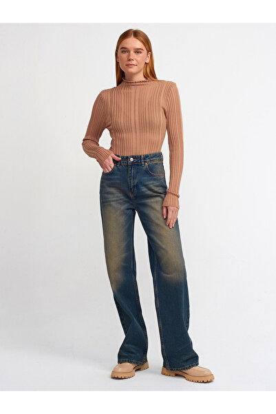 Dilvin 10497 Πουλόβερ με διάφανο γιακά με ραβδώσεις Camel