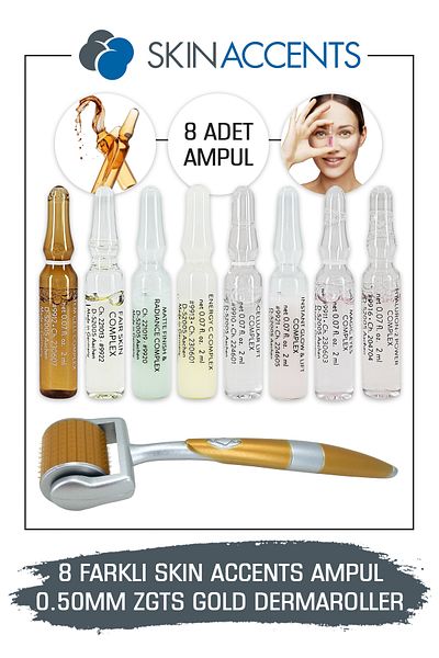 Skin Accents 0.50 mm Zgts Gold Dermaroller + 8 Different Skin Care Ampoules Set - Facial Serum Skin Ampoules
