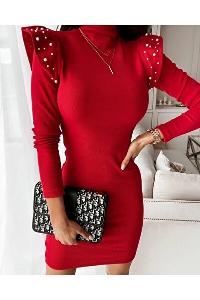 Zühre Turtleneck and Pleat Pearl Detailed Long Sleeve Camisole Women's Dress