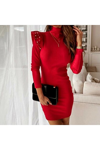 Zühre Turtleneck and Pleat Pearl Detailed Long Sleeve Camisole Women's Dress