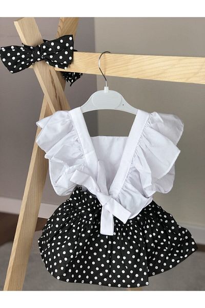 ELA MAMA Girl's Black Polka Dot Pattern Salopet Bandana Fishnet Socks Set