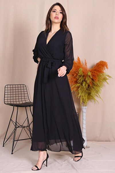 Neşeli Butik Kadın Kruvaze Yaka Siyah Yeni Sezon Uzun Şifon Elbise Kts003