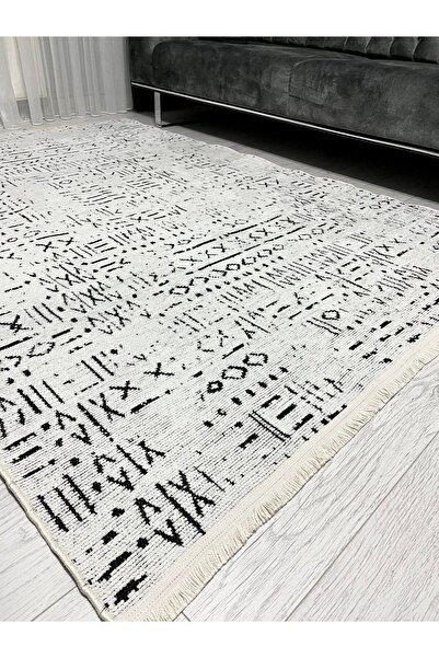 PeriDekor Iskandinav Desen Yıkanabilir Şönil Halı Yolluk Kaymaz Taban Beyaz S...