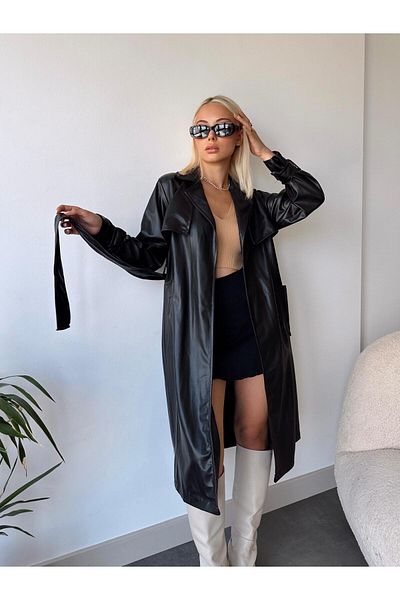 Esbersi Water Repellent Double Breasted Leather Trench Coat - Belted