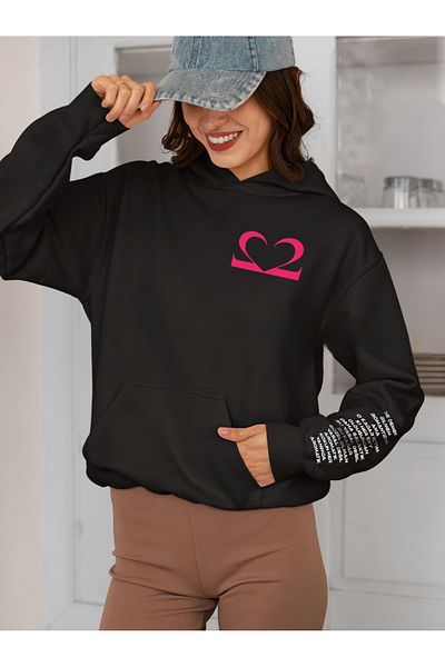 swOzz Motive Romantic Front and Back Printed Sleeve Detailed Cotton Oversize Unisex Black Sweatshirt
