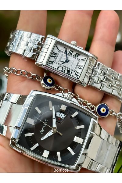 Ferrucci Silver Colored Steel Cord Square Case - Double Wrist Watch and Rosary Wrist Gift