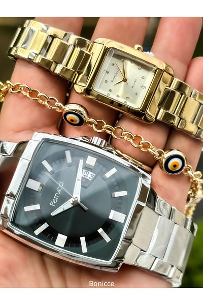 Ferrucci Silver Colored Steel Cord Square Case - Couple Wristwatch and Bracelet Gift