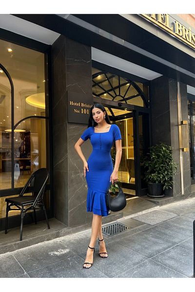 WoolnClyde Saks Blue Women's Midi Evening Dress - Square Collar, Short Sleeve, Button Detail, Double Flywheel