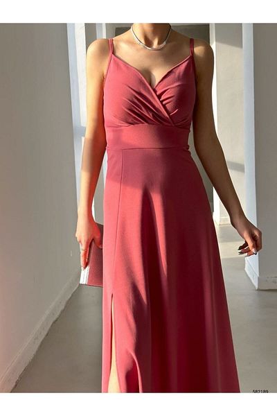 WoolnClyde Women's Fuchsia Double Breasted Neckline Sitting on the Waist Deep Slit Detail Long Maxi Length Thin Strap Evening Dress