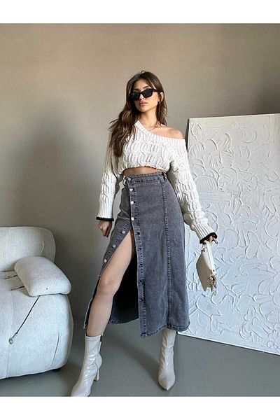 cms jeans Women's Buttoned Front Maxi Length Black Snow Wash Anthracite Color Lycra Denim Skirt