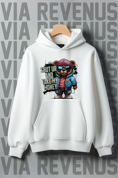 Vordevia White Hooded Kangaroo Pocket Pattern - Wide Fit Sweatshirt, 3 Thread Raster