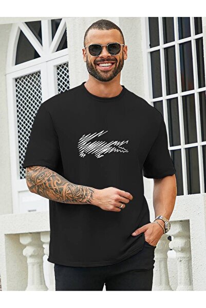 Elvino Erkek Bisiklet Yaka Rahat Oversize Timsah Çizgi Sanat Stili Grafik Bas...