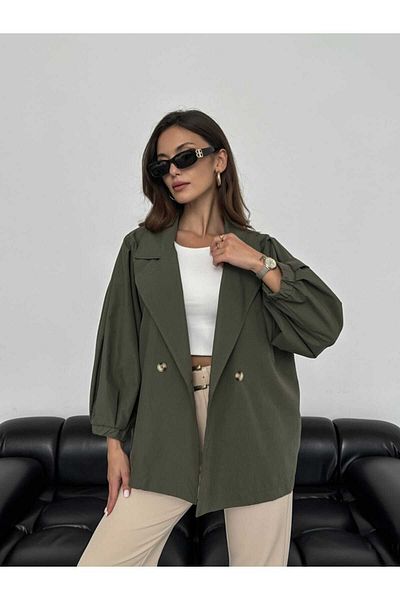 MODAF Balloon Sleeve Buttoned Short Trench Coat Bondit Fabric Khaki