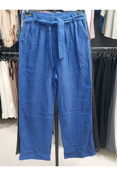 AKŞEN GİYİM Plus Size Muslin Cotton - Wide Leg Authentic Trousers with Double Pockets and Belted
