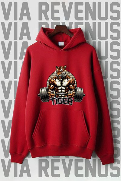 Vordevia Суитшърт с качулка и принт Tiger Gym - релефен широк модел, джоб кенгуру, 3 прежди