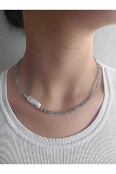Mudita Tasarım 3 mm AA kalite faset kesim Neon Apatit taşı ve barok inci tasarım kolye