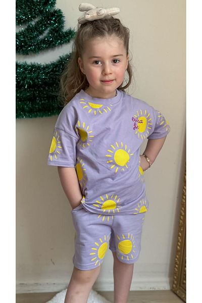 GÖKJOY BUTİK Sun Printed Cotton Girls' Top and Bottom Set with Shorts