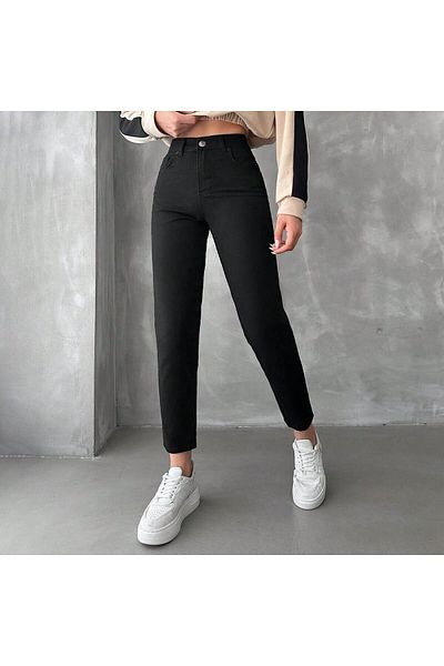 MAKRAS EXCLUSIVE Blugi negri care nu se decolorează Flora, cu talie înaltă, din lycra, blugi mom extra elastici, pantaloni din denim