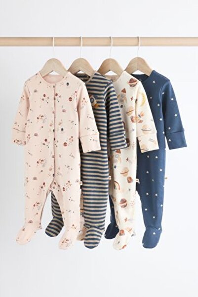 Next Baby Neutral Space Baby 100% Cotton Sleepsuits 4 Pack (0mths-2yrs)