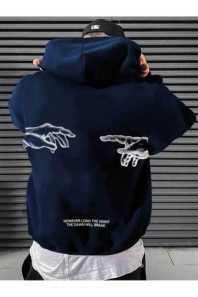 coolart However Hands Kalın Kışlık Sweatshirt - Lacivert Baskılı Oversize Şar...