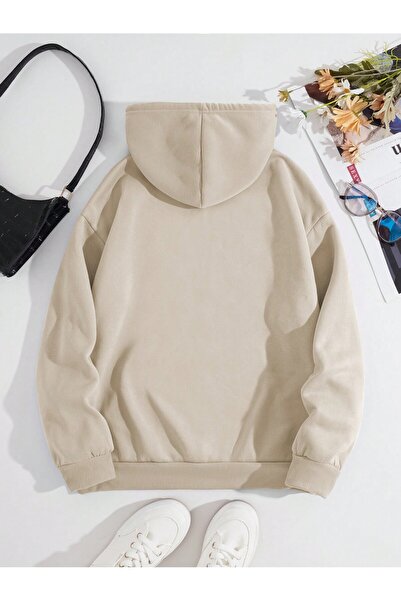 Cool Art Brooklyn 1997 Kalın Kışlık Sweatshirt - Bej Baskılı Oversize Şardonlu Cepli Kapüşonlu