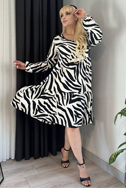 RURIS Zebra Print Midi-Length Plus Size Dress - Long Sleeve, Pleated and Shir...