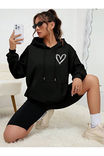 coolart Μαύρο φούτερ oversize με σχέδιο καρδιάς - Χειμερινό μπλουζάκι με τσέπ...