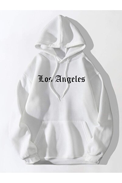 SeusCraft Los Angeles Tasarım - Λευκό φούτερ με στάμπα, με κουκούλα και τσέπες
