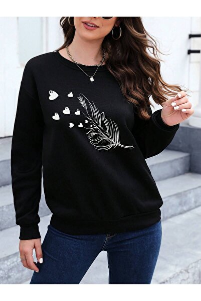 SeusCraft Tüy Kalpler Kalın Kışlık Sweatshirt - Siyah Baskılı Oversize Şardon...