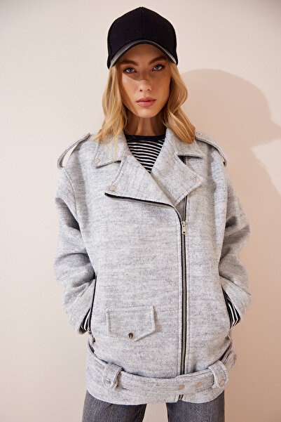 Lovelyİstanbul Palton motociclist supradimensionat din lână gri Melange - Lfn...