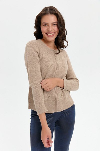 Desen Triko Cardigan de lână pentru femei, cu fermoar, cu decolteu în formă de piatră - K.beige