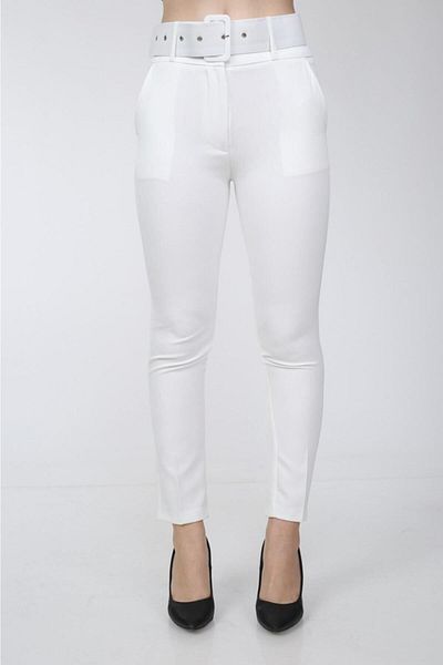 WoolnClyde Women's Thick Belted High Waist Fabric Trousers