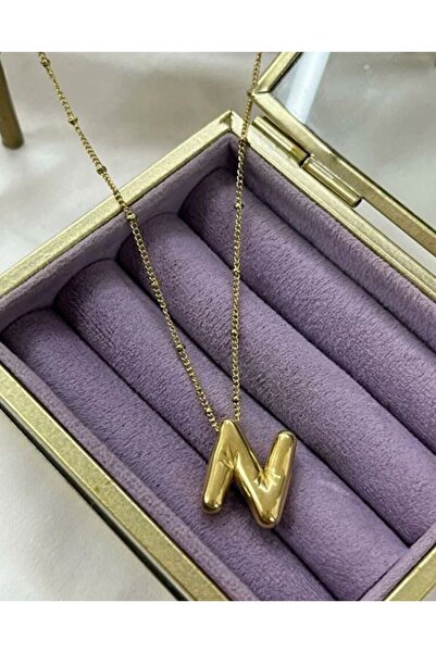Genel Markalar Üç Boyutlu Çelik N Harfli Balon Gold Renk Kolye