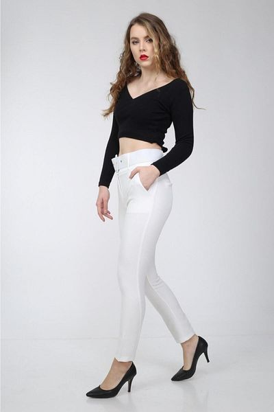 WoolnClyde Women's Thick Belted High Waist Fabric Trousers